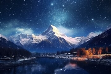 Scenic night landscape with snowy peaks and starry sky. Generative AI