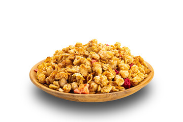 Pile of crunchy muesli with strawberry and raspberry in wooden plate isolated on white background with clipping path.