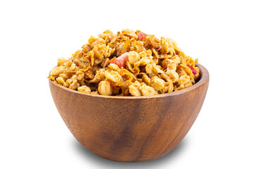Delicious crunchy muesli with strawberry and raspberry in wooden bowl isolated on white background with clipping path.