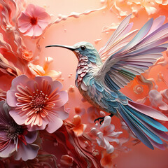 Obraz premium 3d colorful hummingbird with carved high relief, epic composition and soft pastel background created with Generative AI