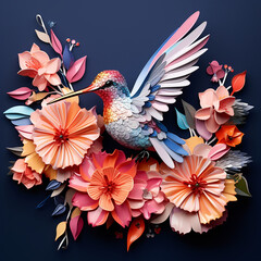 Obraz premium 3d colorful hummingbird with carved high relief, epic composition and soft pastel background created with Generative AI