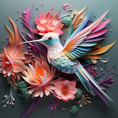Fototapeta premium 3d colorful hummingbird with carved high relief, epic composition and soft pastel background created with Generative AI
