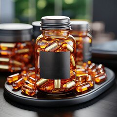 Glass bottles with Omega 3 nutraceuticals supplements in orangey pills and black label mockup standing on table, front view - obrazy, fototapety, plakaty