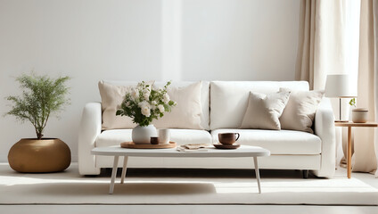 a living room with a white couch and a coffee table