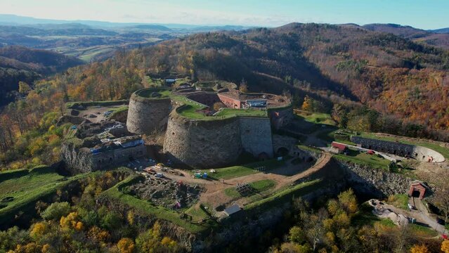  Aerial drone view of the Srebrna G&oacute;ra fortress and Military fort during the autumn season. This military fort (historic Russian defensive fortress) serves as a landmark for tourists in Lower Silesia