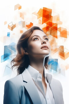 Art of double exposure of attractive Business woman overlay with the modern city. Concept of Leadership and futuristic business.