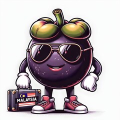 Digital illustration of a Malaysia mangosteen character with a cool demeanor, donning sunglasses. The mangosteen is holding a suitcase. 
Created using generative AI tools
