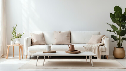 a living room with a white couch and a coffee table - obrazy, fototapety, plakaty