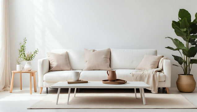 a living room with a white couch and a coffee table