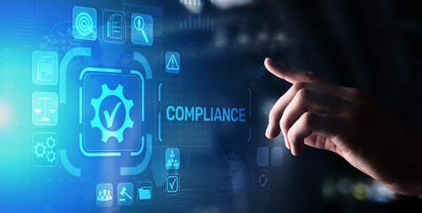Compliance concept with icons and text. Regulations, law, standards, requirements, audit diagram on virtual screen.