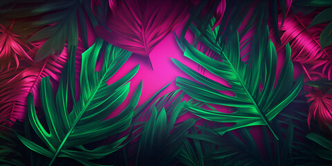 Abstract creative neon pink and green background with tropical leaves