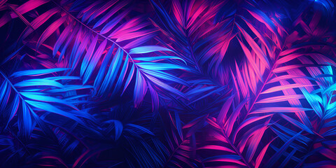 Abstract creative neon blue and pink background with tropical leaves