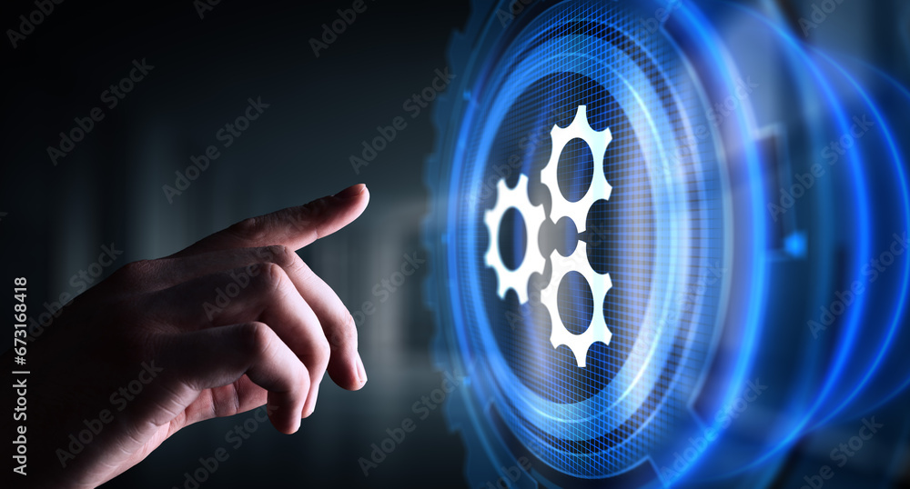 Aufkleber gears mechanism on virtual screen. automation and business process flow. business and technology con