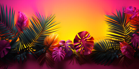 Fototapeta na wymiar Abstract creative neon yellow and pink background with tropical leaves