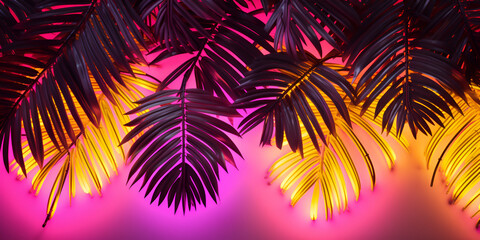 Fototapeta na wymiar Abstract creative neon pink and yellow background with tropical leaves