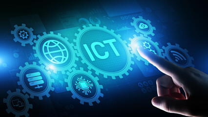 ICT - Information and communication technology concept on virtual screen.