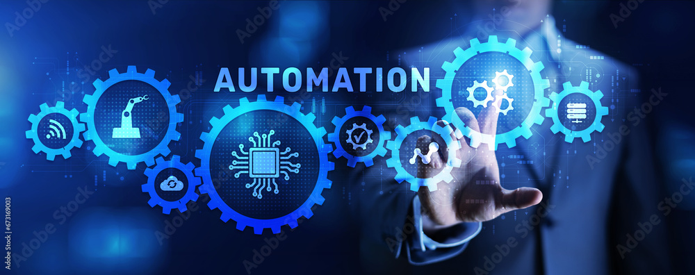 Poster automation gears icon rpa software development business process optimisation innovation technology.
