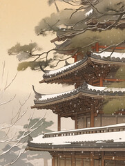 Illustrations of ancient buildings with national style and artistic conception, conceptual illustrations of winter ink and wash houses with snow scenes