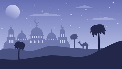 Ramadan landscape vector illustration. Silhouette of mosque in the desert at night for eid mubarak. Ramadan design graphic in muslim culture and islam religion