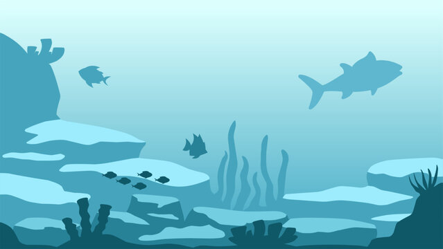 Underwater landscape vector illustration. Bottom sea landscape with fish, with coral reef. Sea world silhouette for background, wallpaper or landing page. Deep sea landscape vector background