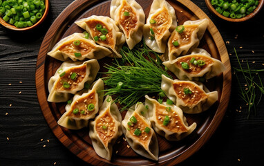 Top View of Classic Gyoza Chicken & Chives included Veggie & Edamameon Blurry Background