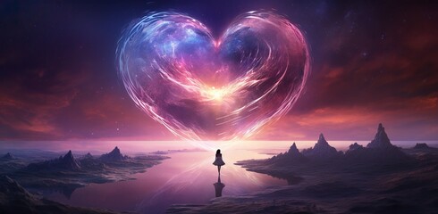 Surreal landscape with a young woman gazing at a glittering heart in the cosmic sky above the mirrored reflection of a mountainous terrain in still water at dusk. Valentine's Day concept