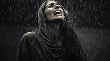 Poster monochrome image of a woman with a headscarf, her face turned upwards as she cries out in the pouring rain © PixelQraze