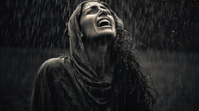 monochrome image of a woman with a headscarf, her face turned upwards as she cries out in the pouring rain