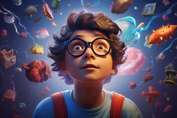 A young, Caucasian teenage boy with curly brunette hair and large glasses looks up in amazement at floating objects related to education and fantasy. Neural diversity concept. - obrazy, fototapety, plakaty