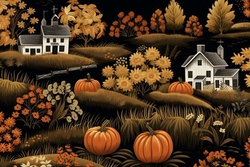 Charming country pattern of farmhouses, pumpkins, and flowers on a dark background. Generative AI