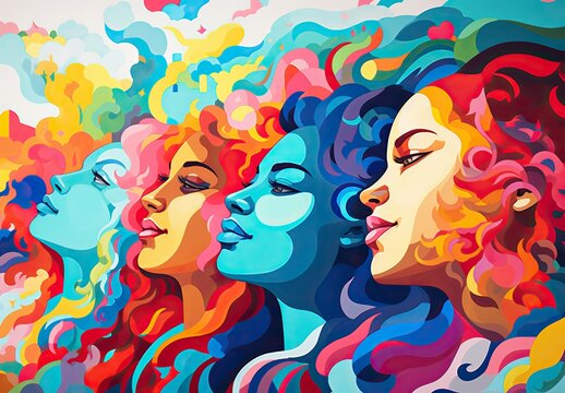 Colorful abstraction of stylized female profiles representing different races, expressing cultural diversity and unity. Neural diversity concept.