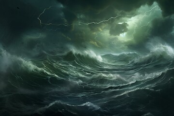 Fototapeta na wymiar A chaotic seascape captures a violent storm in the immense Indian Ocean. Generative AI