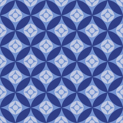 Seamless pattern Geometrical grid circle shape indigo blue Modern circles pattern with cyan background. Javanese blue Batik Kawung Pattern used fabric, textile,tiles, interior decoration elements...,
