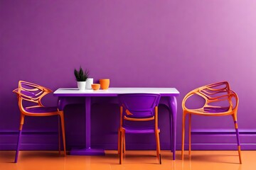 Interior design of purple modern plastic chairs and table on orange wall - obrazy, fototapety, plakaty