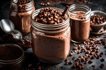 A mason jar filled with a rich, chocolate protein shake, with a scattering of cacao nibs on top.
