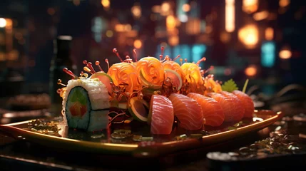 Foto op Canvas Sushi variety of Rolls Artfully Arranged on a Stone with Soy Sauce on The Side Selective Focus Background © Image Lounge