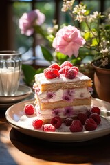 Delicious  Raspberry cake with berries decoration.