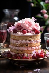 Obraz na płótnie Canvas Delicious Raspberry cake with berries decoration.