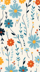 A charming pattern with whimsical and adorable flowers, each represented with clean lines and a limited color palette created with Generative Ai
