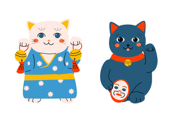 oriental maneki neko cat - set of two cartoon cats