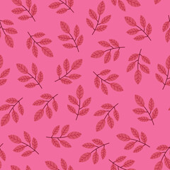 Pink monochrome leafy seamless pattern. Hand drawn red twigs isolated on pink background. Foliage allover print
