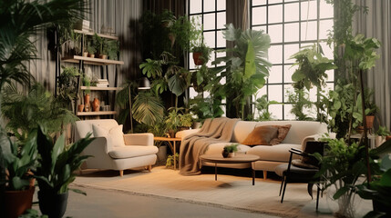 Fototapeta premium Living Room With Sofa and Green Home Plants Stylish Interior Background