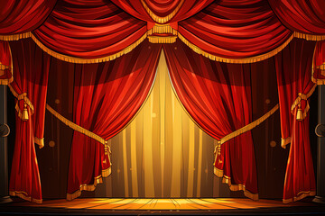 Illustration in cartoon style: theater wooden stage with red and gold curtains - obrazy, fototapety, plakaty