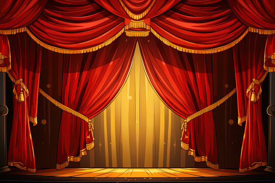Illustration in cartoon style: theater wooden stage with red and gold curtains