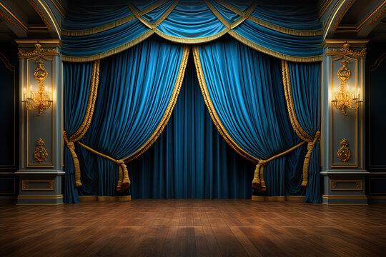 theater hall with luxury square columns with elegant lamps and blue walls and curtains. Theater stage background with curtain