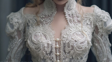 Close up body section of chest and shoulders of a woman wering a delicate, elgant and classic wedding dress