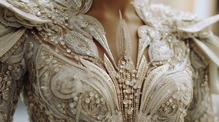 Close up body section of chest and shoulders of a woman wering a delicate, elgant and classic wedding dress