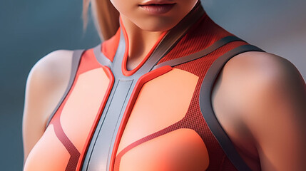 Upper body section of a woman wearing lycra modern and colorful sports wear 