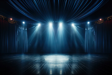 a theatre stage with blue curtains and brightly illuminated with spotlights from above - obrazy, fototapety, plakaty