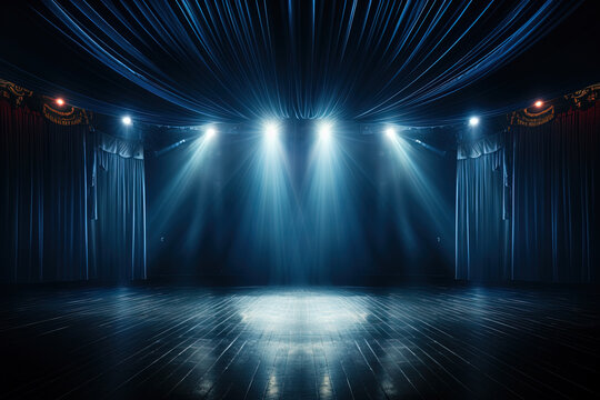a theatre stage with blue curtains and brightly illuminated with spotlights from above